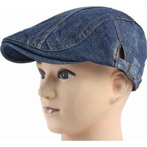 Wuaumx Casual Berets Hat Men Women Washed Denim Herringbone Peaked Ivy Cap Solid Blue Duckbill Hat Spring Summer Newsboy Caps
