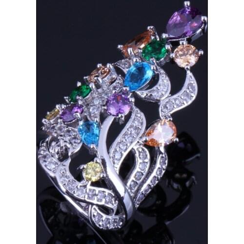 Gorgeous Huge Plant Multigem Multicolor Brown Cubic Zirconia Silver Plated Ring V0529