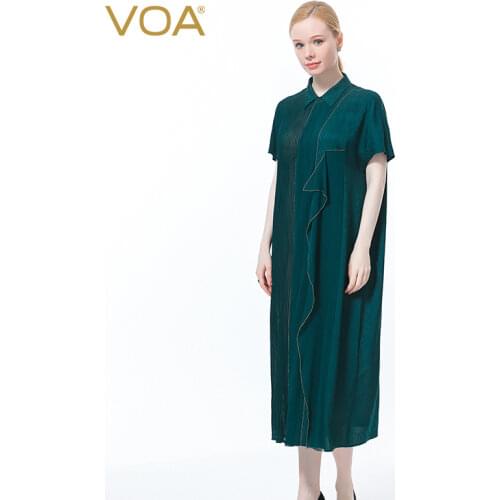 VOA 100% Silk Jacquard Peacock Green Polo Neck Short Sleeve Asymmetric Summer Womens Dress 2021 Wedding Anniversary Gift AE890