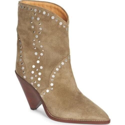 Woman Spring Autumn Cow Suede Leather Rivets Decor Booties Spike High Heel Female Ankle Shoes Cow Leather Cowboy Boots