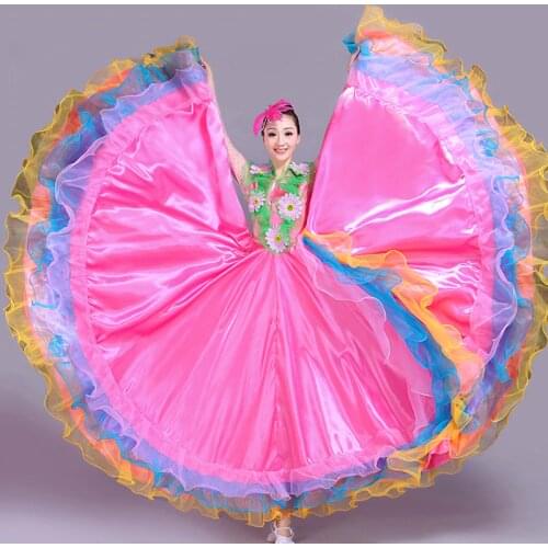 Fashion Plus Size Gypsy Female Spanish Flamenco Skirt Performance Belly Dance Costumes Ruffle Lace Dress Big Swing Dress DL4201