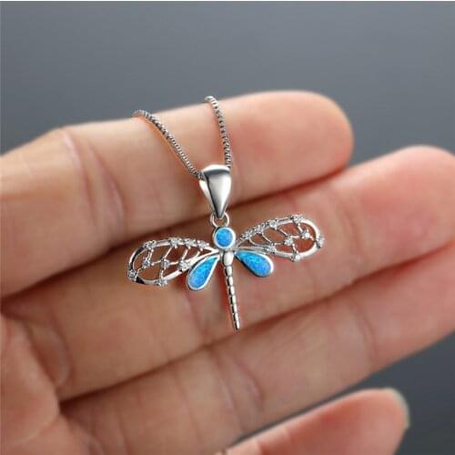 Boho Female Blue Opal Pendant Necklace Charm Crystal Cute Dragonfly Necklaces for Women Wedding Anniversary Silver Jewelry