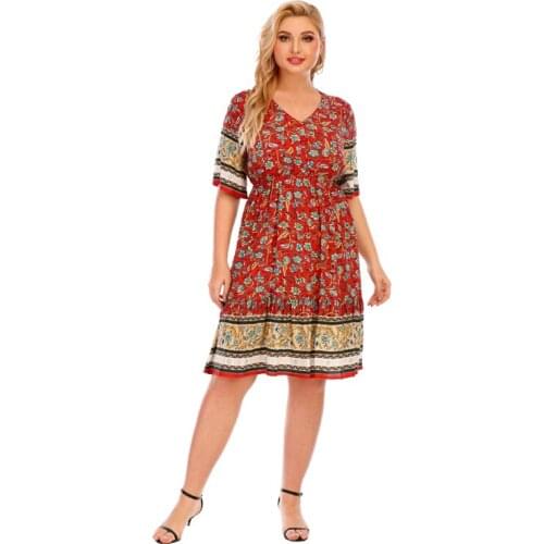 Plus Size Women Dress Vintage V-neck Short Sleeve Flowery Middle Dress Party Club Fashion Red Vestido 5XL