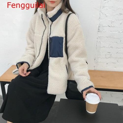 Fengguilai 2020 Autumn Winter New Women Coat Loose Sweet Wild Fashion Patchwork Full Sleeve Preppy Style Pockets Female Coats
