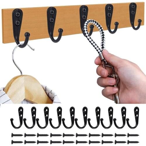 10Pcs Black Mini Metal Hook Wall Door Hanger with Mounting Screw for Bathroom Kitchen Towel Clothing Coat Hat Key Bag Organizer