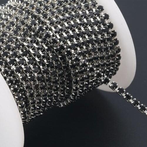 10yards Silver base Black Color SS6 ss8 ss10 ss12 Claw Strass chain style DIY black chain sew on rhinestones chain Sowoo