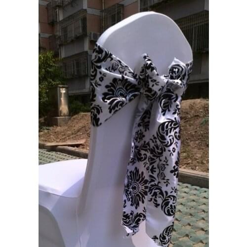 50pcs White and Black Flocked Taffeta Chair Sashes for Wedding Party Event Decors Elegance Corset Damask Chair Cover Bows