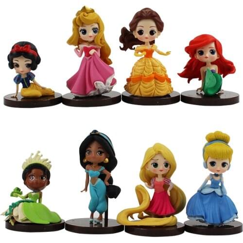 8pcs Q Posket Figures Princess Snow White Belle Jasmine Cinderella Ariel Mermaid Tangled Pocahontas Sleeping Beauty Model Toys