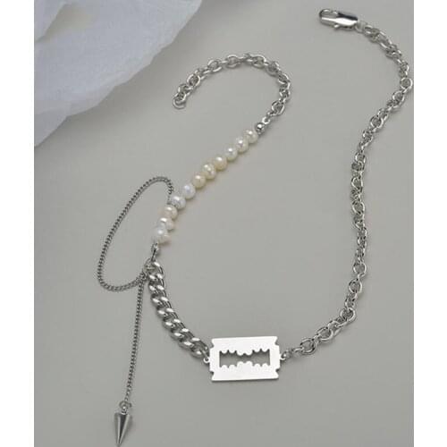 ALLNEWME Luxury Asymmetric Blade Irregular Baroque Pearls Necklace for Women Chunky Cuban Chain Long Tassel Choker Necklaces