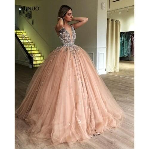 YUNUO Ball Gown V-neck Tulle Prom Dresses Sleeveless Floor-Length Bling Bling Beading Vestidos De Baile Evening Party Dress