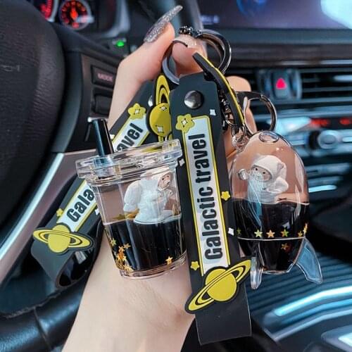 Cartoon Black Gold Into Oil Acrylic Keyring Liquid Floating Space Bear Keychain Cute Bag Pendant Key Chain for Women Men Friends