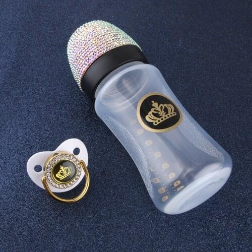 240ml Bling Rhinestone Baby Feeding Bottle With Luxury Pacifier 8oz Wide Caliber Newborn Nursing Bottle BPA Free