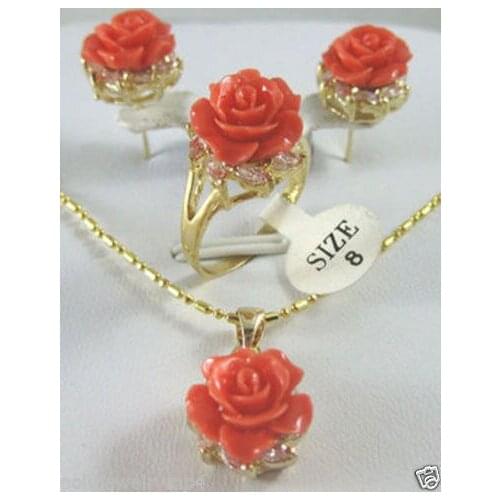 Hot sale new Style >>>>New Jewelry tibet Rose coral flower Pendant Necklace Earring Ring set