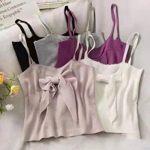 HELIAR Women Bowknot Strappy Cute Short Tops Knitted Tank Tops For Women Plain Round Neck Tops Solid Tops Women 2021 Summer