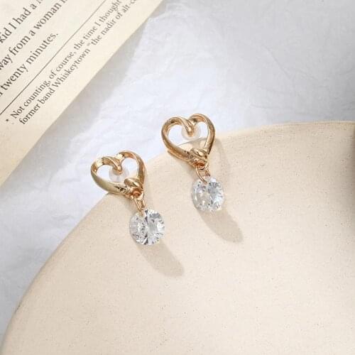 Classic Gold Color Crystal Hollow Heart Girl Stud Earrings Crystal Zircon Pendant Charm Earrings For Women Party Fashion Jewelry