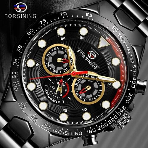 Forsining Hot 2019 Mens Automatic Watch Black Self-Wind Speed Car Male Date Steel Strap Military Wrist Mechanical Relojes Hombre