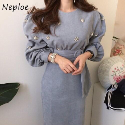 Neploe Chic Beading Flower Lace Up Slim Waist Dresses Korean Elegant Slim Fit Corduroy Dress Puff Sleeve A-line Vestidos 94449
