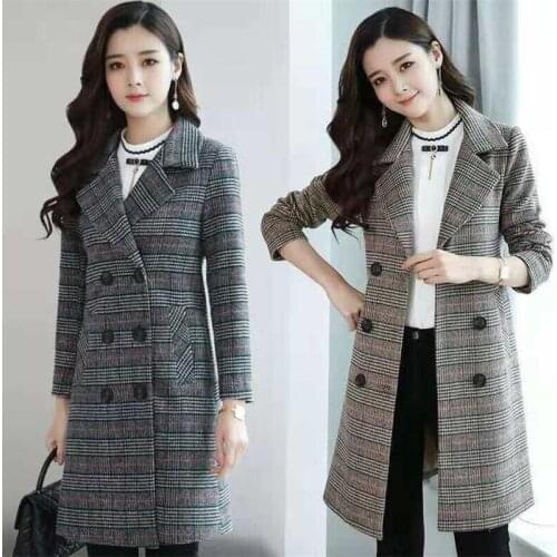 New Womens Wool Blends Coat Winter 2021 Autumn Fashion Elegant Plaid Slim Long Tweed Woolen Outerwear Female Plus size S-6XL