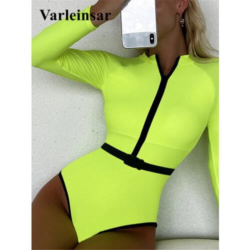 New Sexy Zipper Full Sleeve Women Swimwear One Piece Swimsuit Female Padded Long Sleeve Bather Bathing Suit Swim Lady V3192