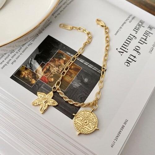 18k gold Authentic 925 Sterling silver Star &Coin Asymmetry Wide Chain Bracelet Wrist Bracelets Charms Luxury TLS328