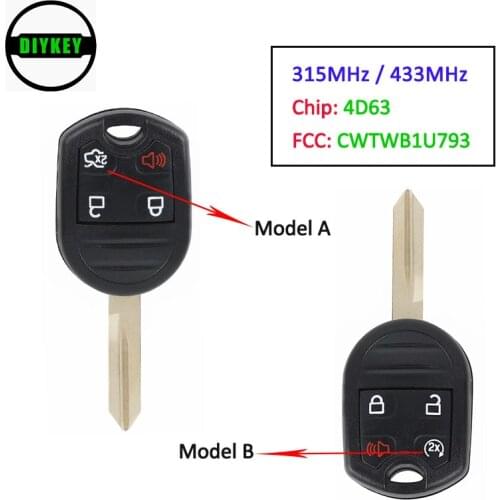 DIYKEY Remote Key Control Transmitter 4 Button 315MHz / 433MHz 4D63 Chip for Ford Lincon Mercury 2006-2012 FCC: CWTWB1U793