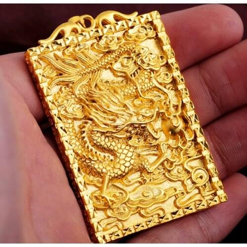 LuxuryYellow Gold Color Rectangle Dragon Pendant For Men DIY Tag Longteng Four Seas Pendant Wedding Birthday Fine Jewelry Gifts