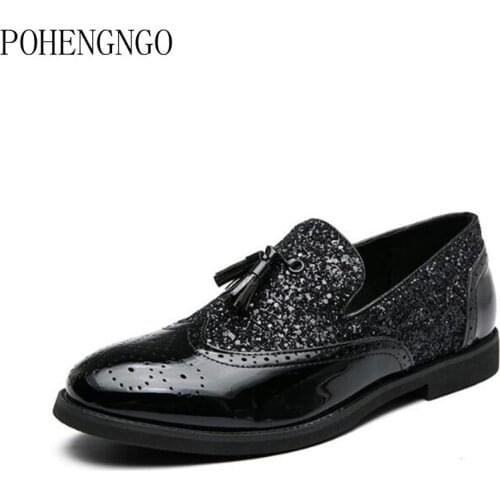 Luxury Gold Color Leather Brogue Mens Formal Shoes Tassels Men Fashion Oxfords Dress Shoes Wedding Business Office Men Shoes