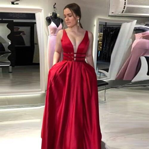 Sexy Red Long Prom Dresses Sparkle Belt Vestido De Festa Open Back Long Evening Dress Party With Poacket Robe De Soiree 2020