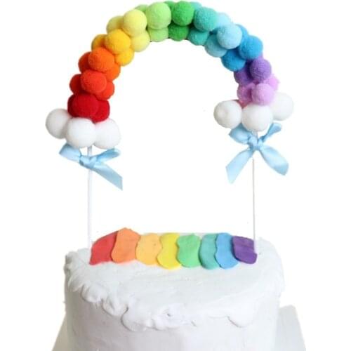 Cake Decoration Rainbow Pompom Cloud Cake Topper Happy Birthday Party Wedding Baby Shower Decoration Unicorn Party Cake Supplies