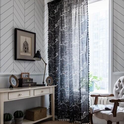 Curtain finished black marble print American window kitchen curtain cotton linen semi shading floating window