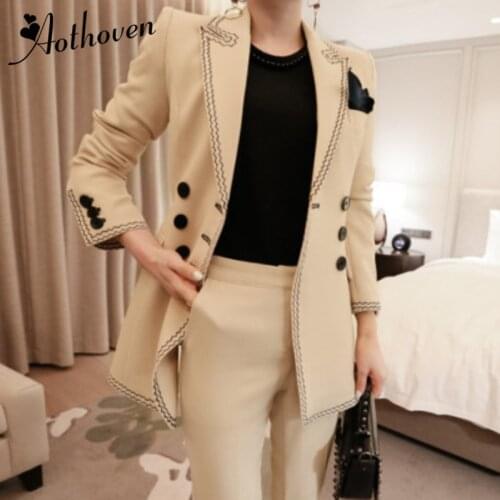 2 Piece Set Autumn Women Suit Khaki Full Sleeve Turn-down Collar Vintage Suit Office Top and Full Length Pants Two Piece Set
