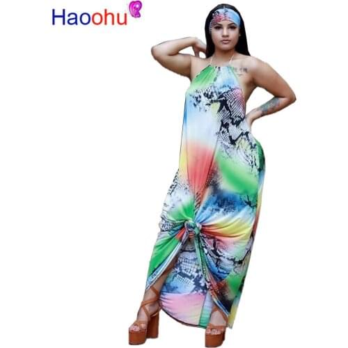 2019 New Sleeveless Multicolor Printed Open Back Halter Neck Loose Natural Waist Ankle-length Dress Fashion Sexy Party Dress