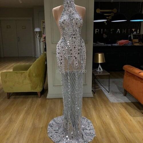 2020 High Neck Mermaid Elegant Evening Dress Floor-Length Beaded Sequined Prom Dress Robe De Soiree Aibye Formal Dress Arabia