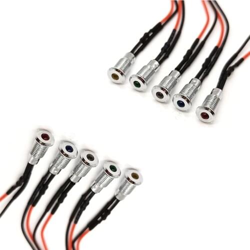 10Pcs 3V 5V 6V 9V 12V 24V 3mm LED With Flat Head 6mm Mounting Hole Metal Holder Header and Wire, White Red Blue Green Yellow
