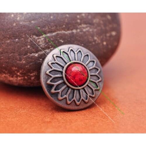 10X Vintage Silver Red Turquoise Flower Carved Concho for DIY Leathercraft Belt Saddle Luggage Bag Wallet Apparel Decoration