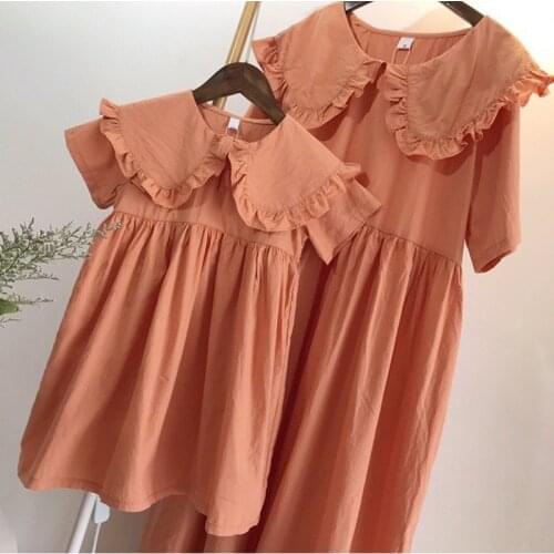 2020 Korean Fashion Mother Daughter Cotton Lined Dresses Princes Clothes Big Cute Collar Short Sleeve Family Matching Pyjamas