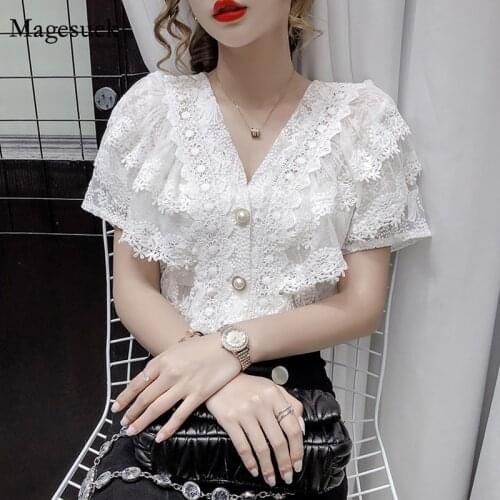 2021 New Short Sleeve Ruffle Stitching Shirt Summer V-neck Hollow Lace Women Tops Female French Sexy Slim Crochet Blouse 14175