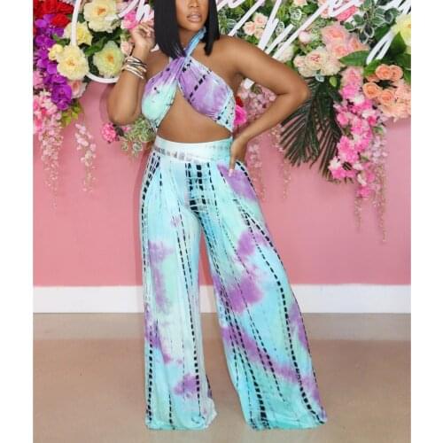 2021 New Style Women Sexy Two-piece Clothes Set Tie-dyed Printed Sleeveless Crop Tops Vest + Loose Wide Leg Pants Plus Size XXL