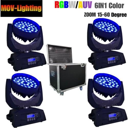 4pcs/lot FLIGHT CASE New 36*18W Professional Show LED Wash 6-in-1 RGBWauv DMX Zoom Disco DJ Stage Lighting Led Moving Head Light