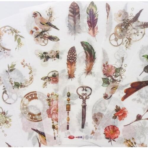 6 Sheets Vintage Time Feather Flower Decorative Adhesive Stickers