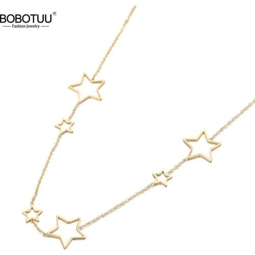 BOBOTUU Bohemia Design Stainless Steel Hollow Star Choker Necklaces Jewelry Rose Gold Chain Pendant Necklace For Women BN19121