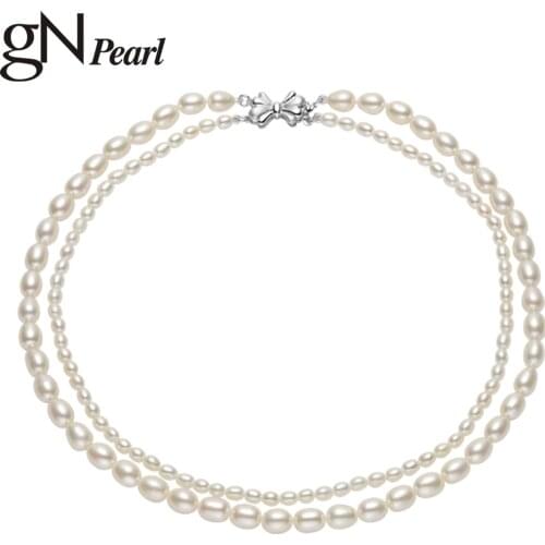 GN Pearl Oval Pearl Choker Layered Necklace 3-4mm 6-7mm Natural Freshwater Pearls Chains Collar gNPearl Fine Jewerly for Women