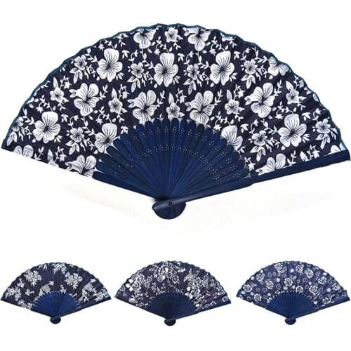 Flower Design Chinese Style Blue Fabric Hand Fan With Dyed Blue Bamboo Frame Wedding Party Favor
