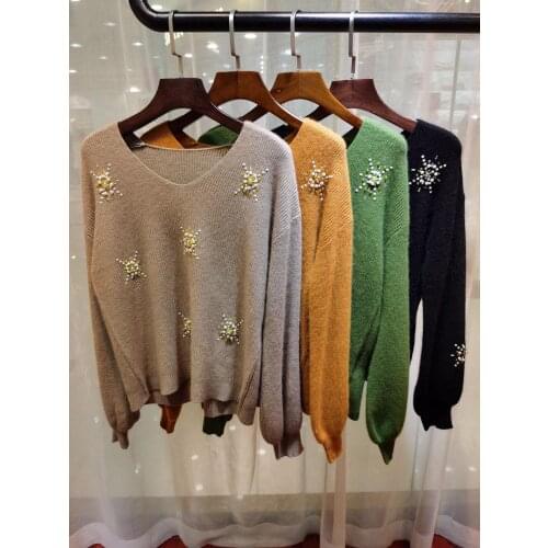 2020 Designer Brand Women Sweaters Pullovers Runway Beading V-Neck Long Sleeve Female Winter Sweater Jumper Clothes