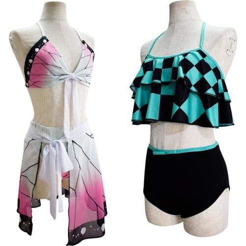 Anime Demon Slayer Swimsuit Kimetsu No Yaiba Swimming Suit Bikini Kochou Shinobu Cosplay Tanjirou Swimwear Set CS687