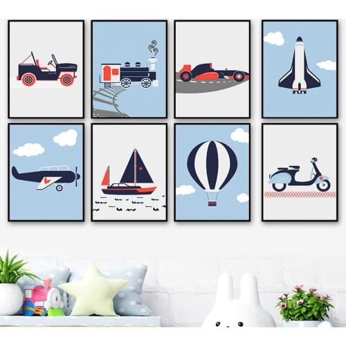 Cartoon Rocket Car Train Motorcycle Nordic Posters And Prints Wall Art Canvas Painting Nursery Wall Pictures For Kids Room Decor