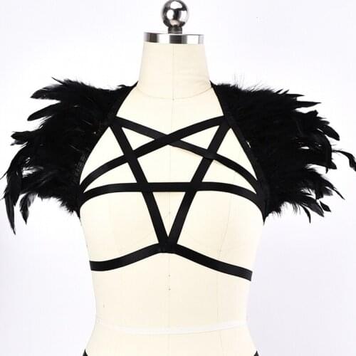 Wholesale Feather Body Harness Belt Pentagram Bra Bondage Lingerie Women Sexy Body Cage Goth Feather Wing Rave Harness Cage Bra
