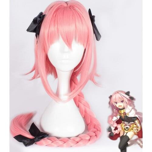 Game Fate Apocryph Astolfo Wigs 75cm Pink Heat Resistant Synthetic Hair Perucas Cosplay Wig + 3 Black Bowknots