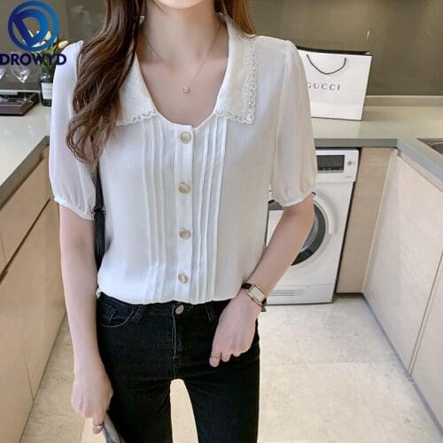 Lace Lace 2021 Summer New Chiffon Shirt Lace Shirt White Short-sleeved Shirt Puff Sleeve Western Style Shirt Korean Tops Blouse