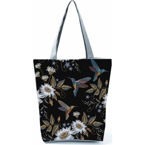 Flowers And Birds Printed Handbag High Capacity Eco Reusable Shopping Bag Black Shoulder Bag Foldable Outdoor Travel Beach Tote